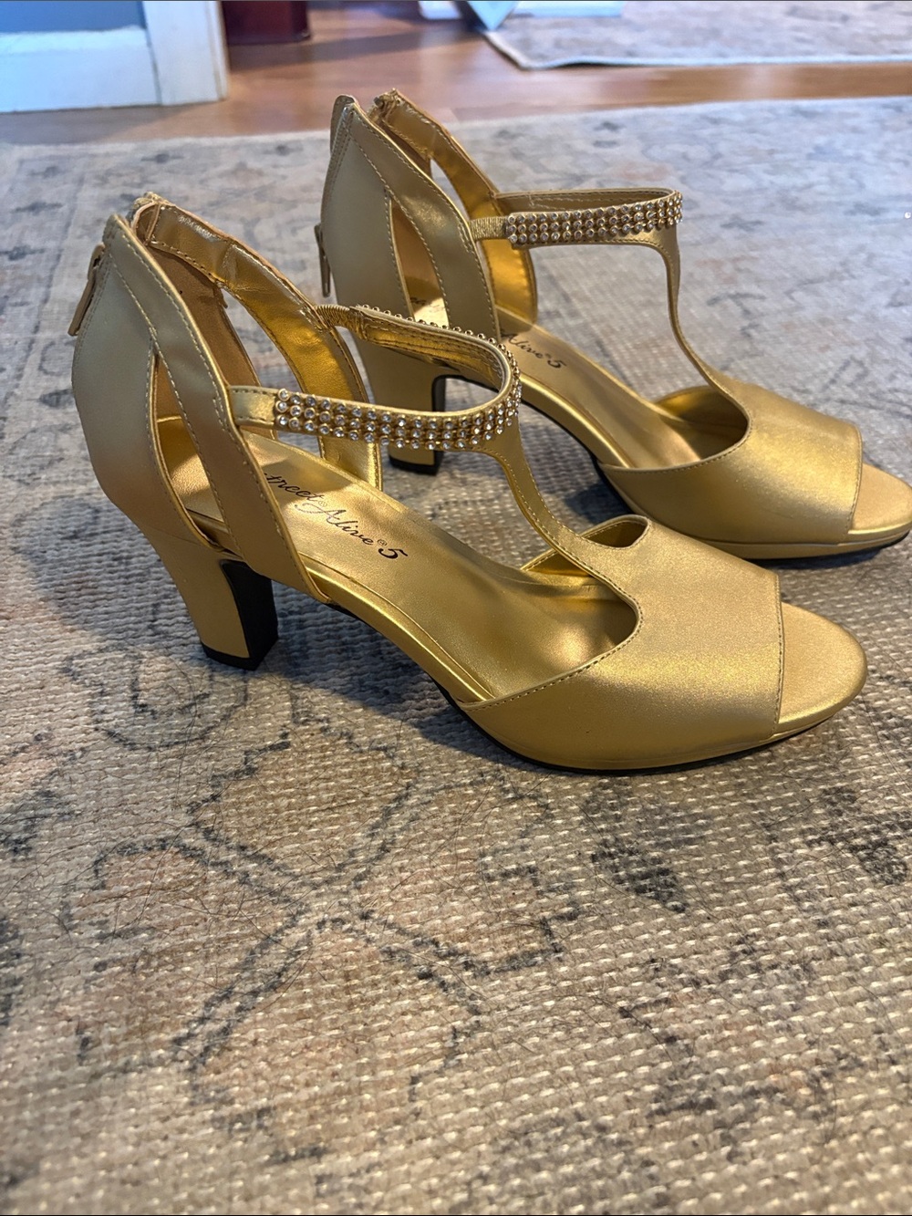 Gold Womens Dress Sandals with Rhinestone Ankle Strap